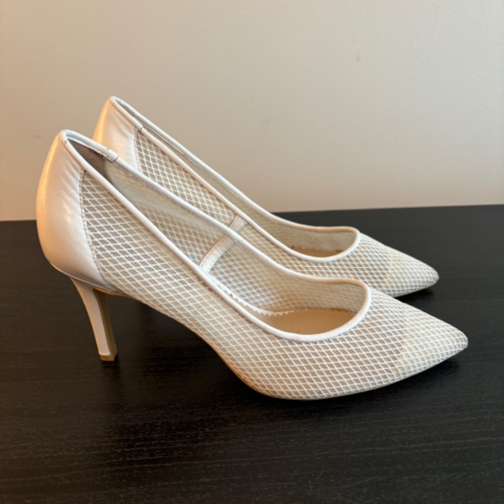 KARL LAGERFELD PARIS RAZI KITTEN HEEL PUMP IN WHITE FABRIC